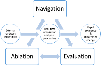 Schematic of the proposed interplay between intervention (ablation) and MR environment (navigation and evaluation).